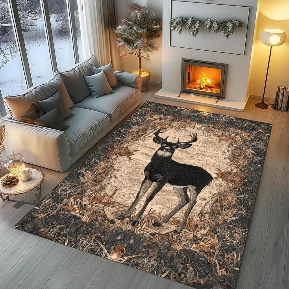 Retro Deer Pattern Carpet Mat - Nordic Style Home Decoration Carpet Suitable for Living Room  Bedroom Animal Printed Floor Mat