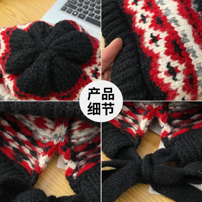 Fair Island hat women's autumn and winter big head circumference knitted hat retro balaclava hat thermal ear protector wool hat