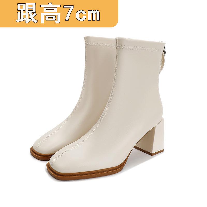 High-heeled short boots women's spring and autumn single boots 2024 autumn and winter new boots medium tube thick heel white bare boots square head th