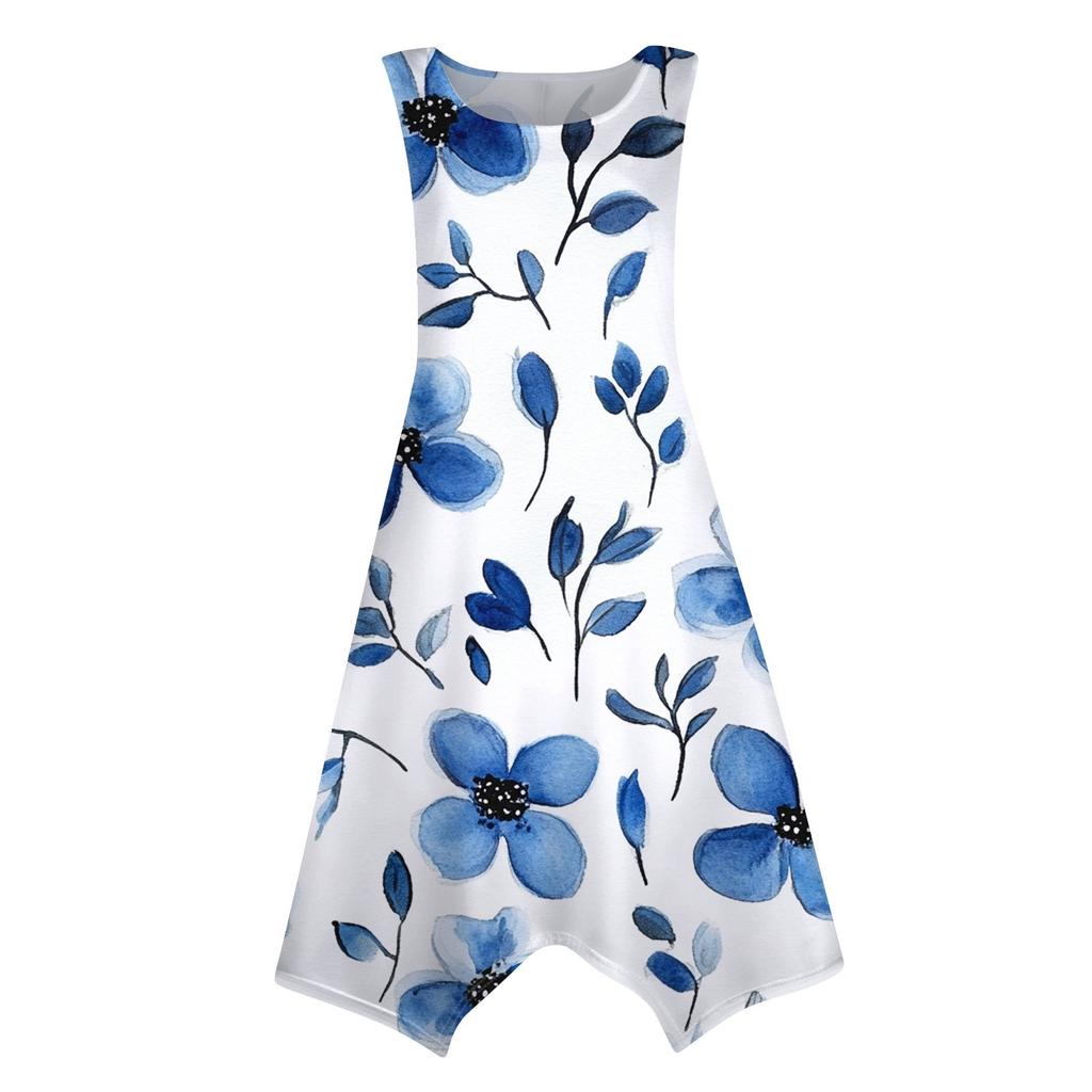 Women's Casual Fashion Round Neck Sleeveless Vintage Floral Print With Irregular Hem Mid-length Dress