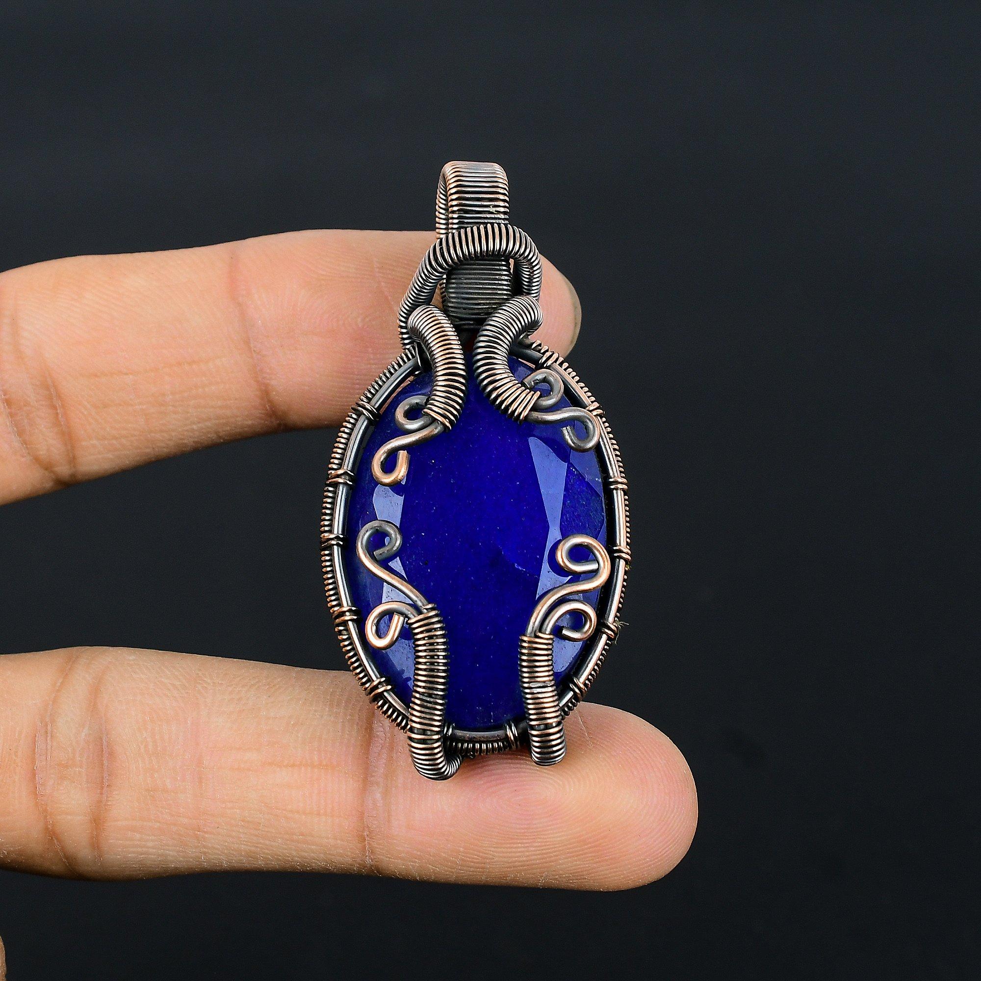 

Кулон с синим сапфиром, Кулон с драгоценным камнем ручной работы, Кулон, обернутый медной проволокой 999 пробы, Антикварное украшение, Для подарка на помолвку 2.55 Inches