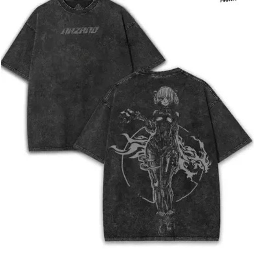 Киберпанк Девушка-Киборг Винтажная Стирка Оверсайз Черная Футболка | Меха Аниме Унисекс Уличная Одежда Футболка L