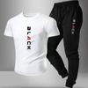 European and American Trendy Brand Men's Summer Letter Print Cotton T-shirt with Long Pants Casual Sports Set.