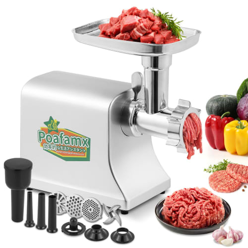 Poafamx 500W Electric Mincer with 5/7mm/Disc-Shaped Blades, 1.4/1.8/2.2cm Diameter Sausage Nozzle and Meatloaf Parts, Mincer for Meat, Sausages, Minci