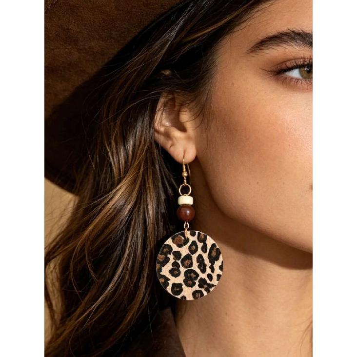 1 Pair Fashionable Sexy Leopard Print Beaded Leather Earrings, Women's Stylish Geometric Round Leopard Print Leather Earrings