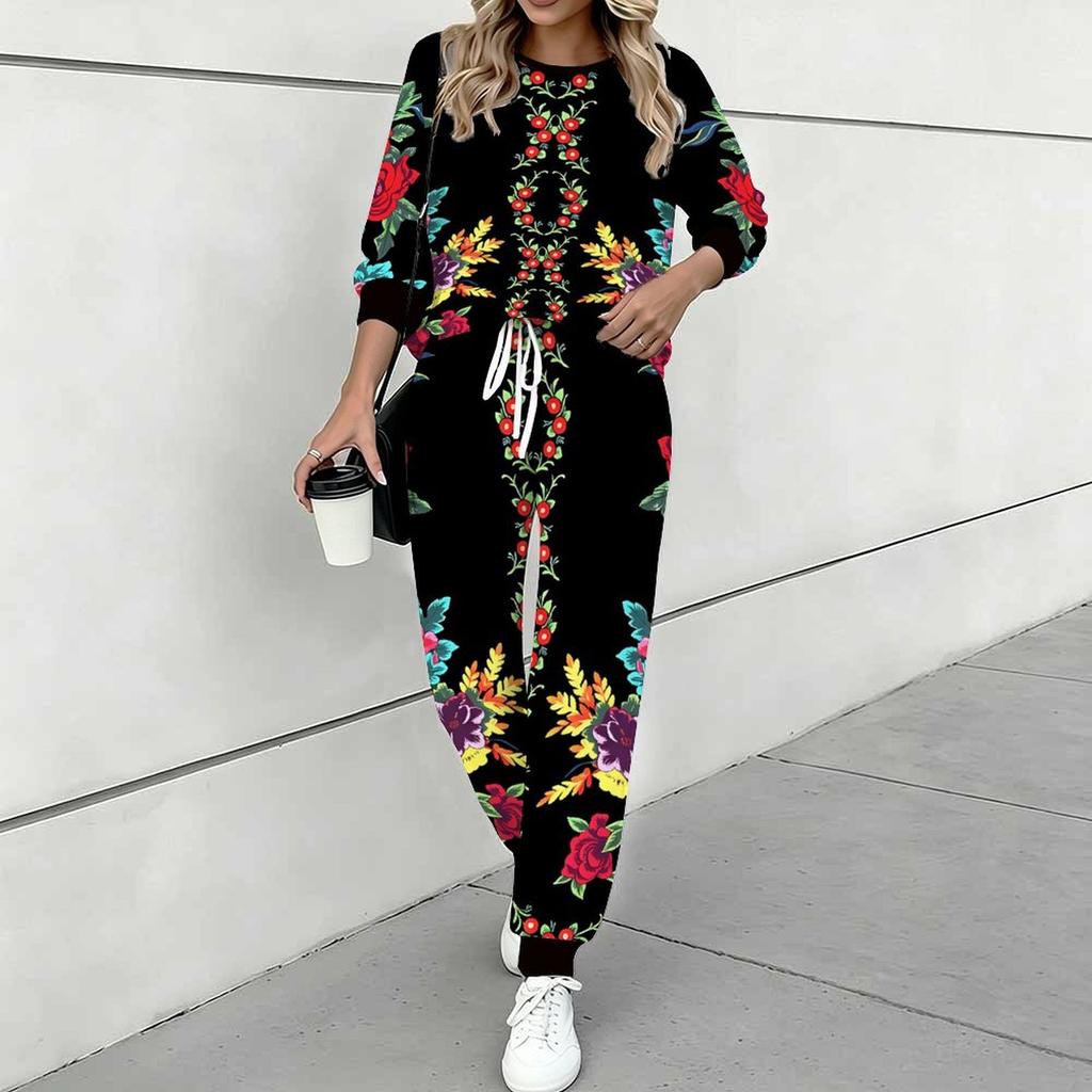 Women Floral Print Two Piece Outfit, Long Sleeve Crew Neck Top & Drawstring Jogger Pants Casual Tracksuit for Spring Autumn