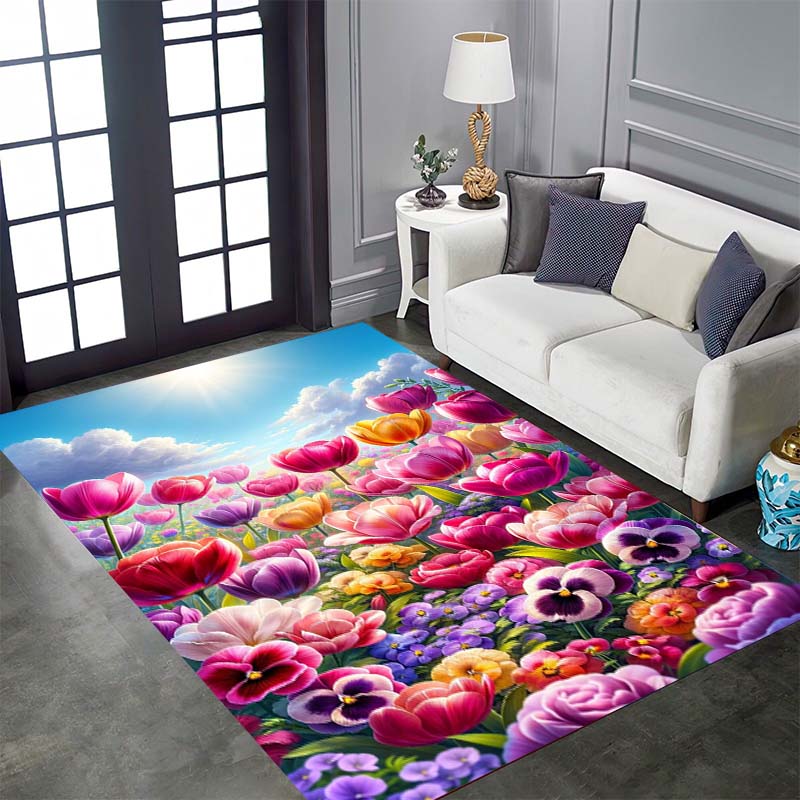 Vintage Floral Tulip Patterned Floor Mat, Non-slip, Machine Washable, Suitable for Living Rooms, Bedrooms, and Home Décor.