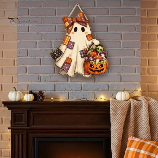 Halloween Theme Pendant Cute Bow Ghost Door Sign, Wooden Patchwork Hanging Plaque with Pumpkin Candy Basket, Indoor Entrance Hanger Retro Wall Lanyard