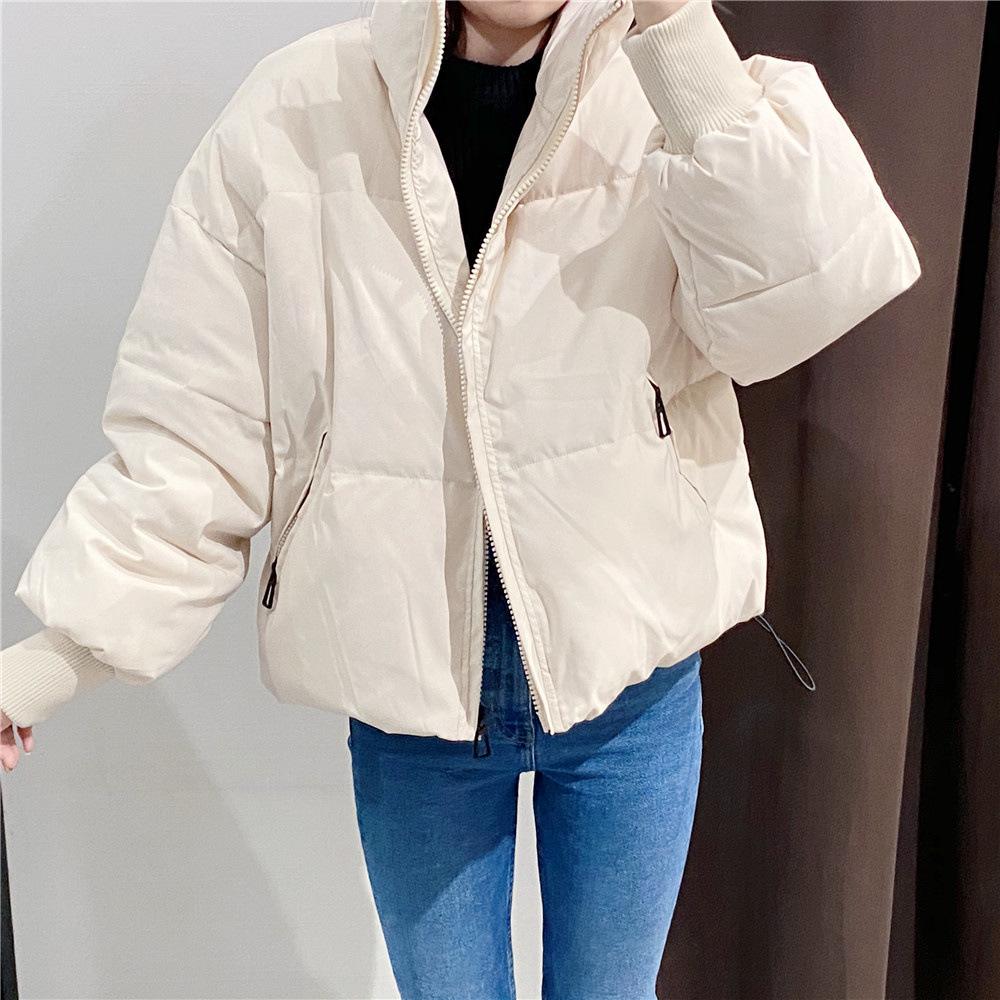 Automne Hiver Femmes Doublure En Coton Court Parka Veste Manteau avec Col Montant Couleur Unie Style Preppy Épais Poches À Fermeture Éclair Oversize XS-L