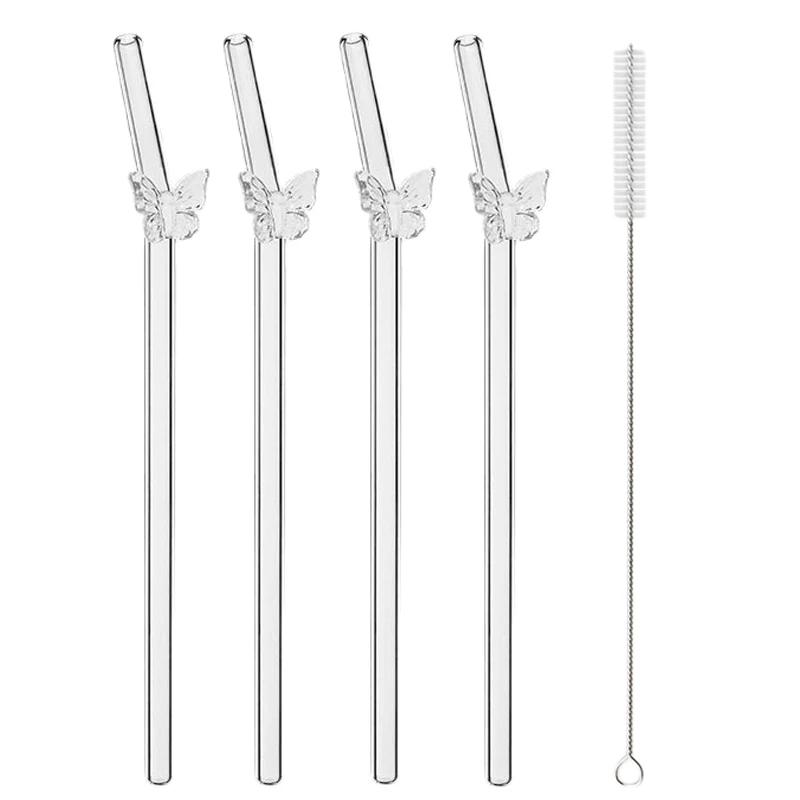 

4Pcs Cute Butterfly Straw Reusable Glass Tube Dishwasher Safety Durable Straws For Smoothie Cocktail Juice Smoothie Drinks