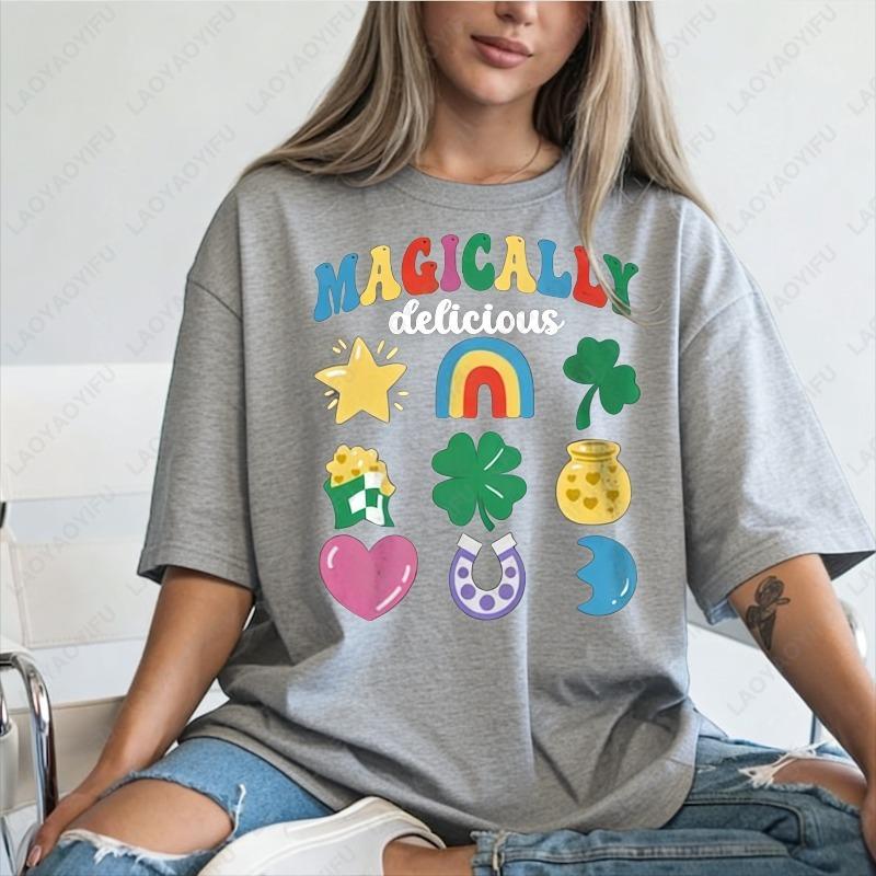 Magically Delicious St Patricks Day Unisex Cotton Tshirts Fun Cute Clover Star Printed Women Tee Irish Festivals Ropa Mujer