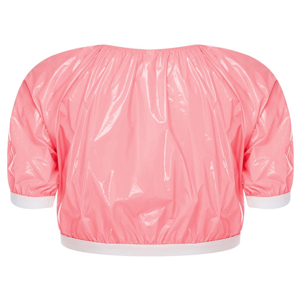 S-3XL Donna Impermeabile Lucido Crop Top Manica Corta Pullover Vinile T-shirt per Costume da Bagno Rave Clubwear Esigenze Speciali