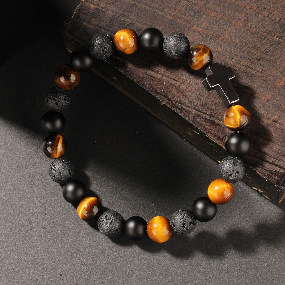 8MM Tiger Eye Stone Cross Bracelet For Men Punk Lava Rock Beads Natural Stone Chain Bangle Male  Daily Wear Jewelry