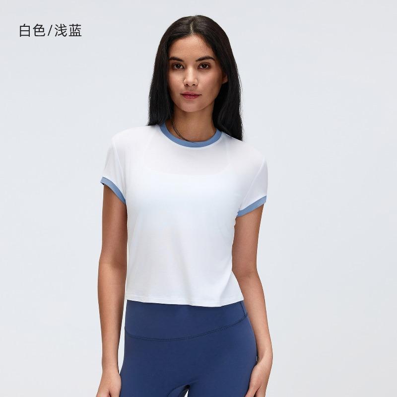 Contrasting Color Front Shoulder Short Sports Short-sleeved T-shirt Women's Summer Solid Color Round Neck Sports Yoga Top