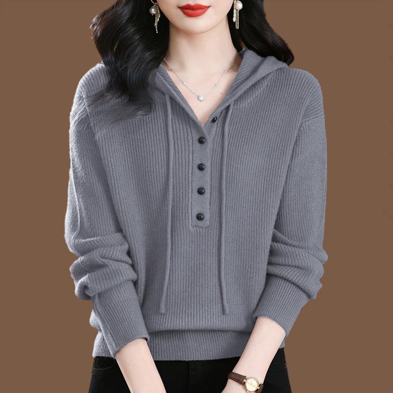 Spring and Autumn Hooded Women's Knitted Loose Tops, Women's Commuter Hooded Sweaters, All-match Hoodies