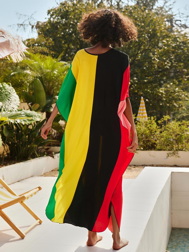 Beach Dresses Red Black Yellow Green Block Color Kaftans for Women Waved Summer Holiday Bathing Suits Dropshipping