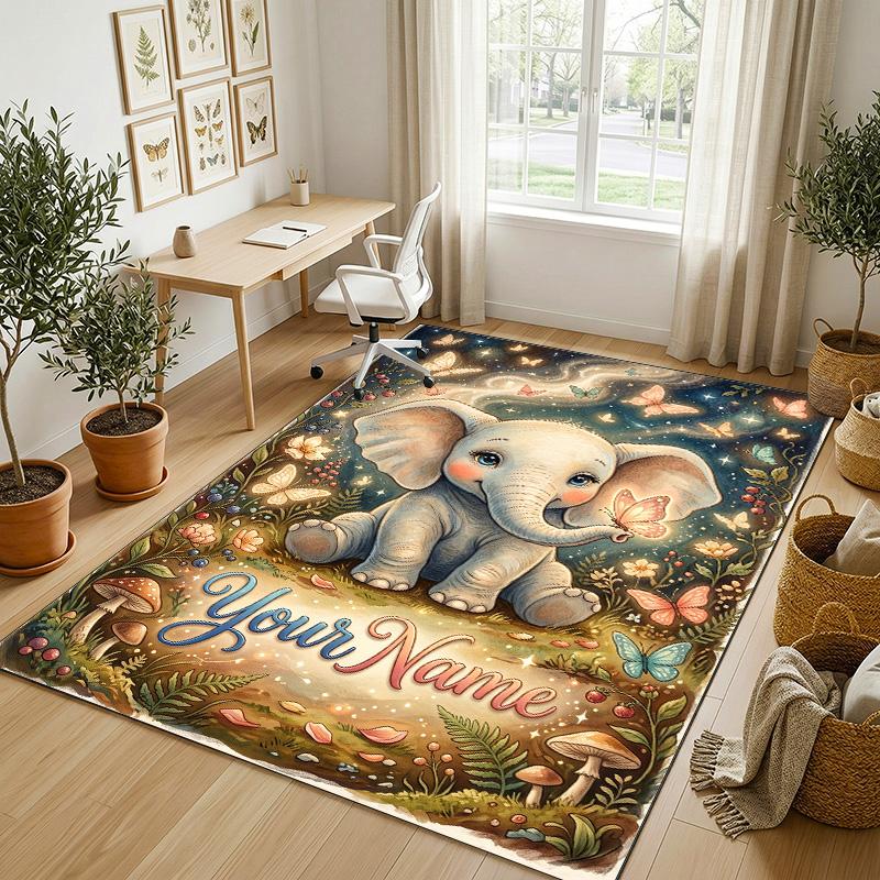 Elephant Theme Crystal Velvet Rug Personalized Custom Name Text Soft Floor Mat Home Decor
