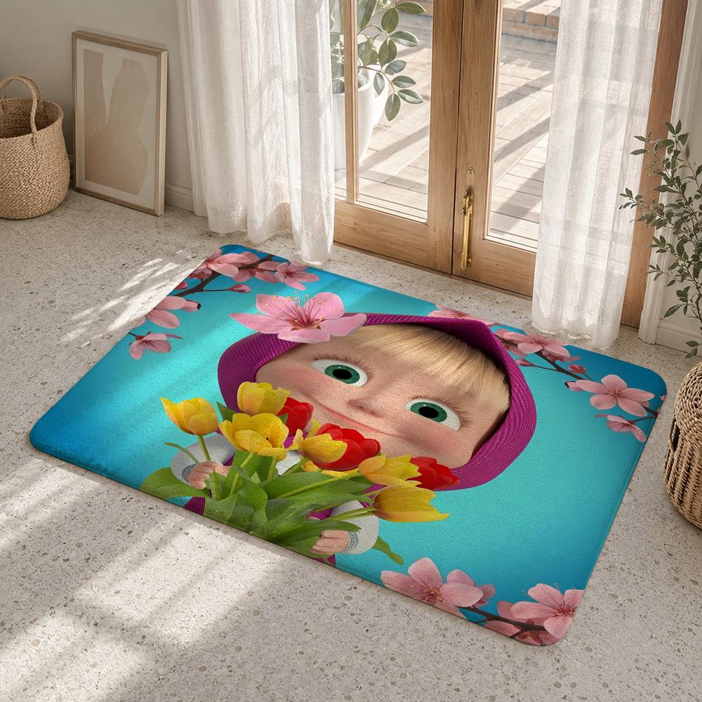 M-Masha And The B-Bear Floor Mat Flannel Rug Non Slip Absorbent Soft Washable For Entryway Hallway Bathroom Kitchen Decor