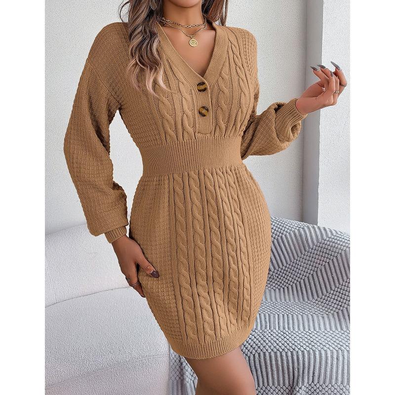 Women's Autumn/winter Twist Lantern Sleeve Hip Knit Button Sweater Dress