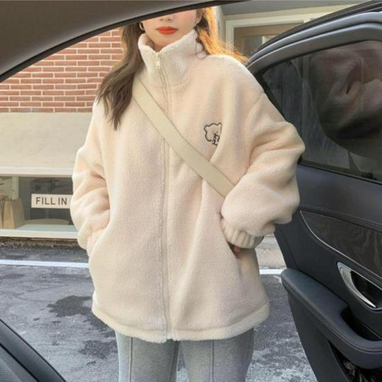 

Женское пальто из овчины с флисовой подкладкой на осень/зиму 2025 года - Свободное, со стоячим воротником, с мультяшным дизайном медведя. 3XL