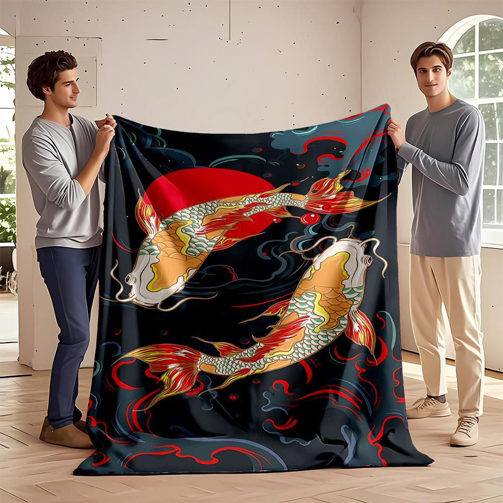 Two Vibrant Koi Fish with a Red Sun Design Flannel blanket for bedroom, living room, sofa, and nap sofas