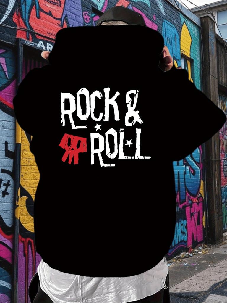 Red Abstract Graphic Hoodie - "Rock & Roll" Design with Stars & Music Notes
