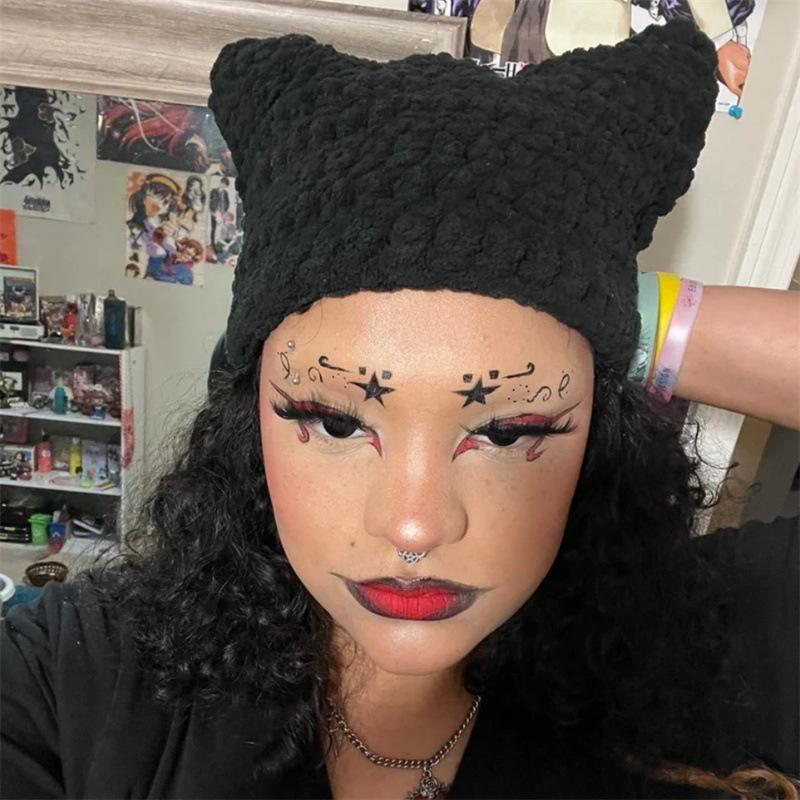 

Новая связанная крючком кошачья маска ручной работы с ушками и рогами для лыж, модная шапка-пуловер для взрослых Adult 57-59cm