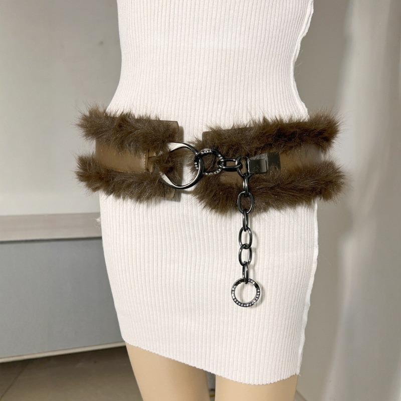 Fuzzy rhinestone waist chain, furry wide belt with adjustable buckle, y2k sparkly belt