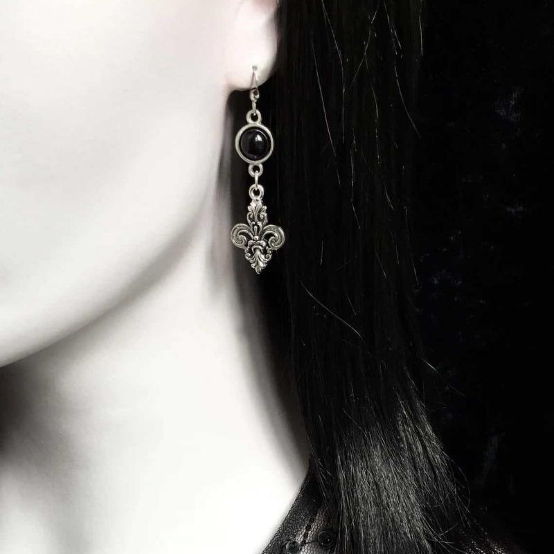 Iris Victorian Gothic Silver Earrings with Black Stone