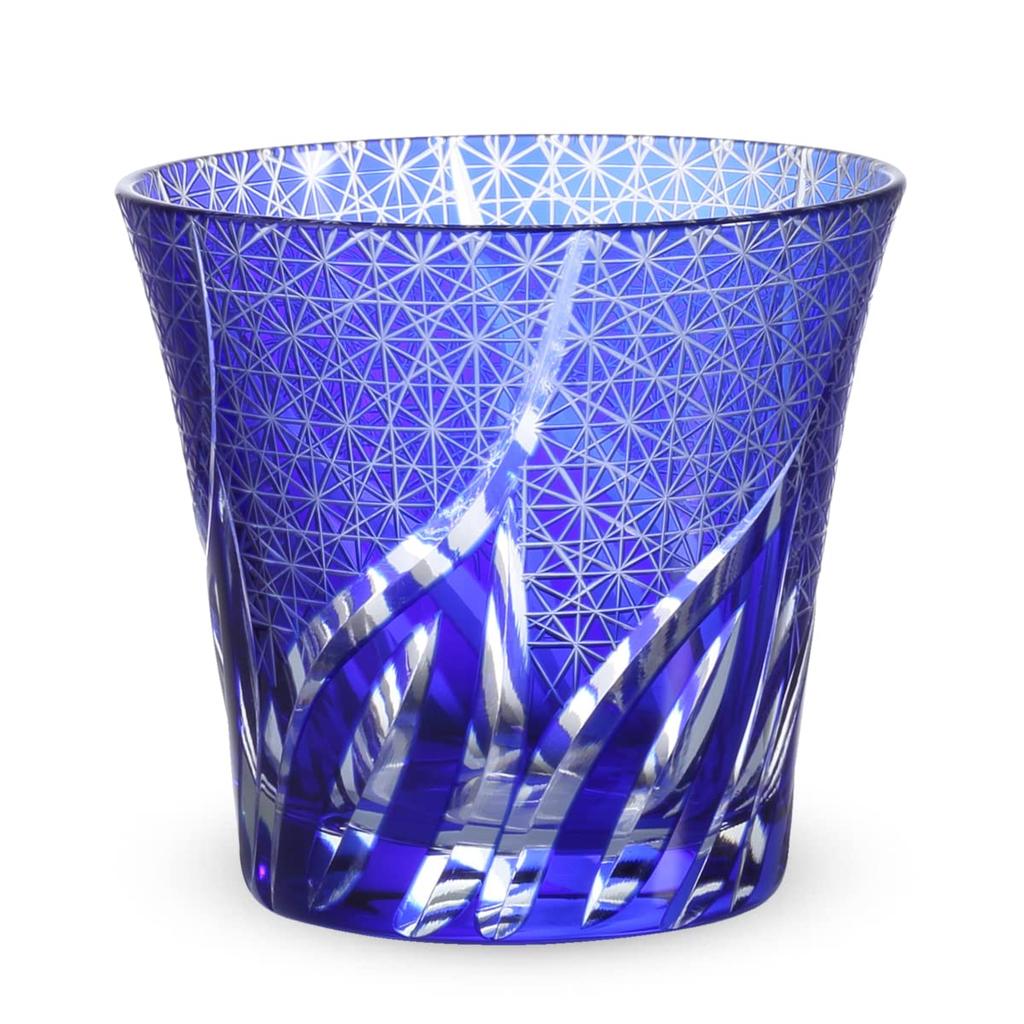 Nostalgia Kiriko Glass Cup 240cc Ranbori Komon Blue Bisho Current Model J-kitchens 94xH85mm