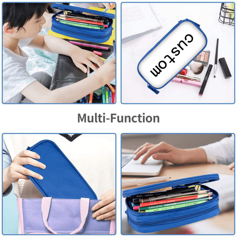 Customized Blue Student Pencil Case With Double-Layer & Multifunctional Features Made of Durable Polyester