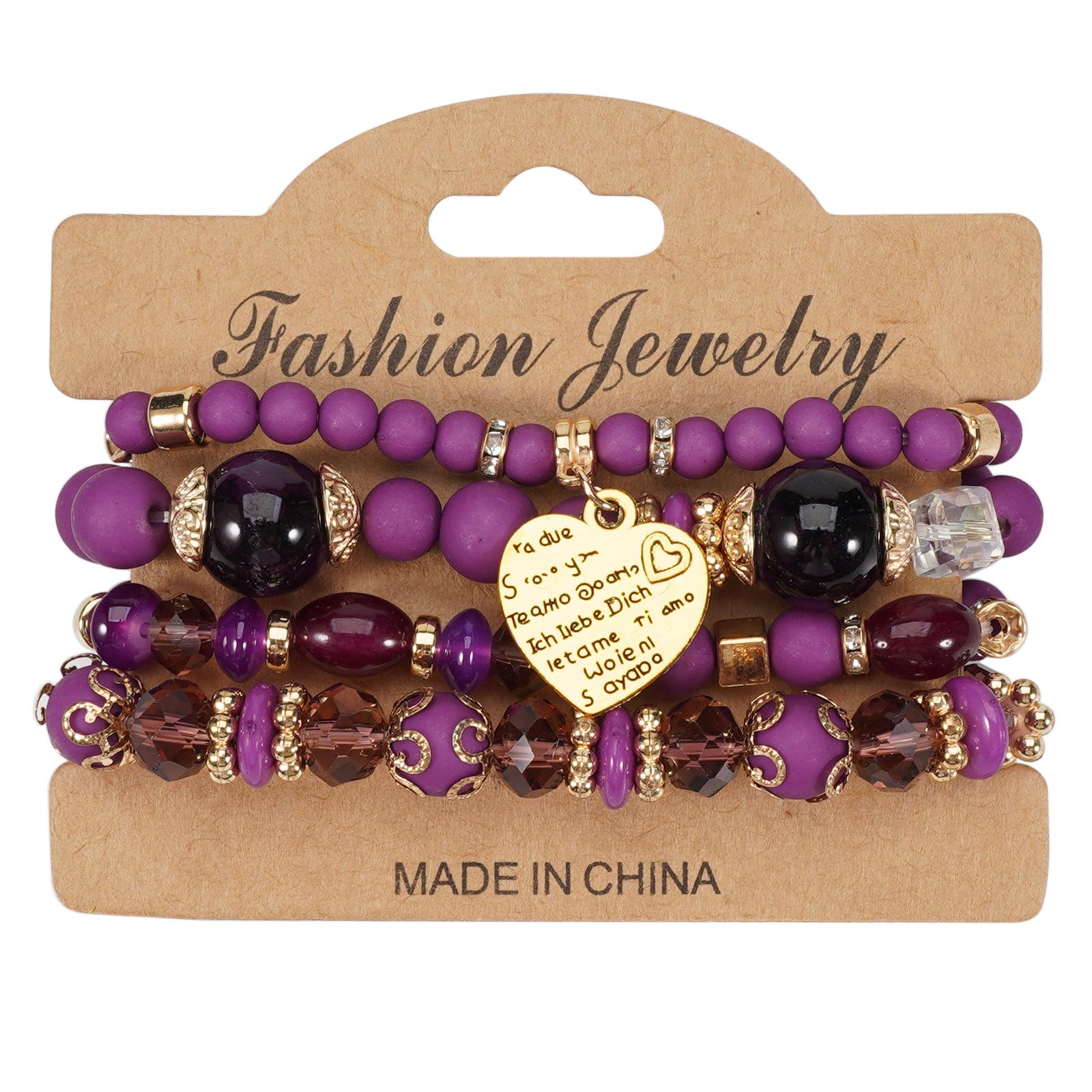 

4 шт./набор Бохо Хрустальные бусины Цепочка Браслет Для Женщин Винтажное Сердце Эластичный Браслет Женские Аксессуары для Вечеринки фиолетовый