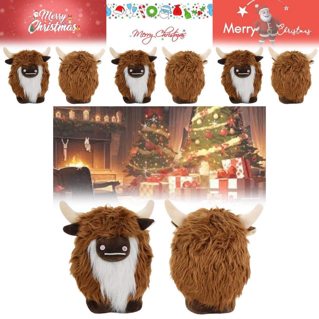 Adorable Plush Highland Cow Decorative Figure With Brown And White Facial Features