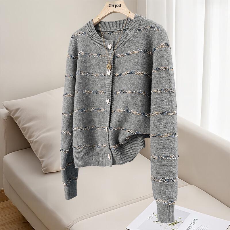 

Women s Elegant Round Neck Striped Knit Cardigan One Size