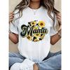 Women Mama Sunflower Leopard Print T-Shirt Black White Crew Neck Short Sleeve Mother's Day Christmas New Year Gift Top