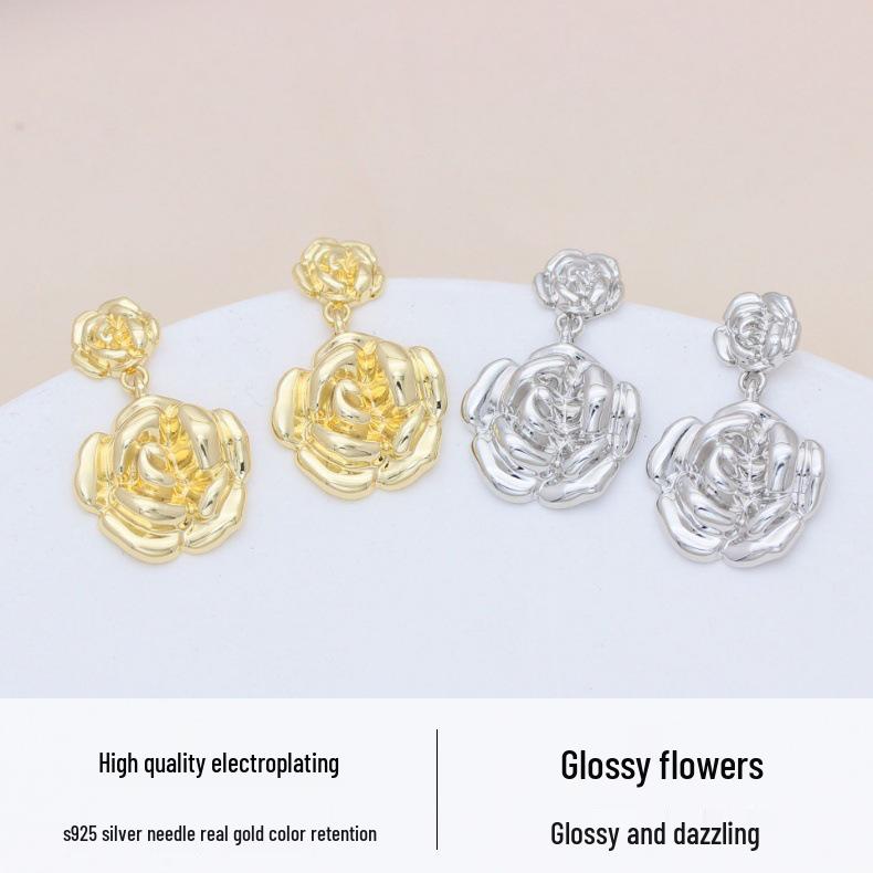S925 Silver Floral Rose Stud Earrings with Gold Retention for Women