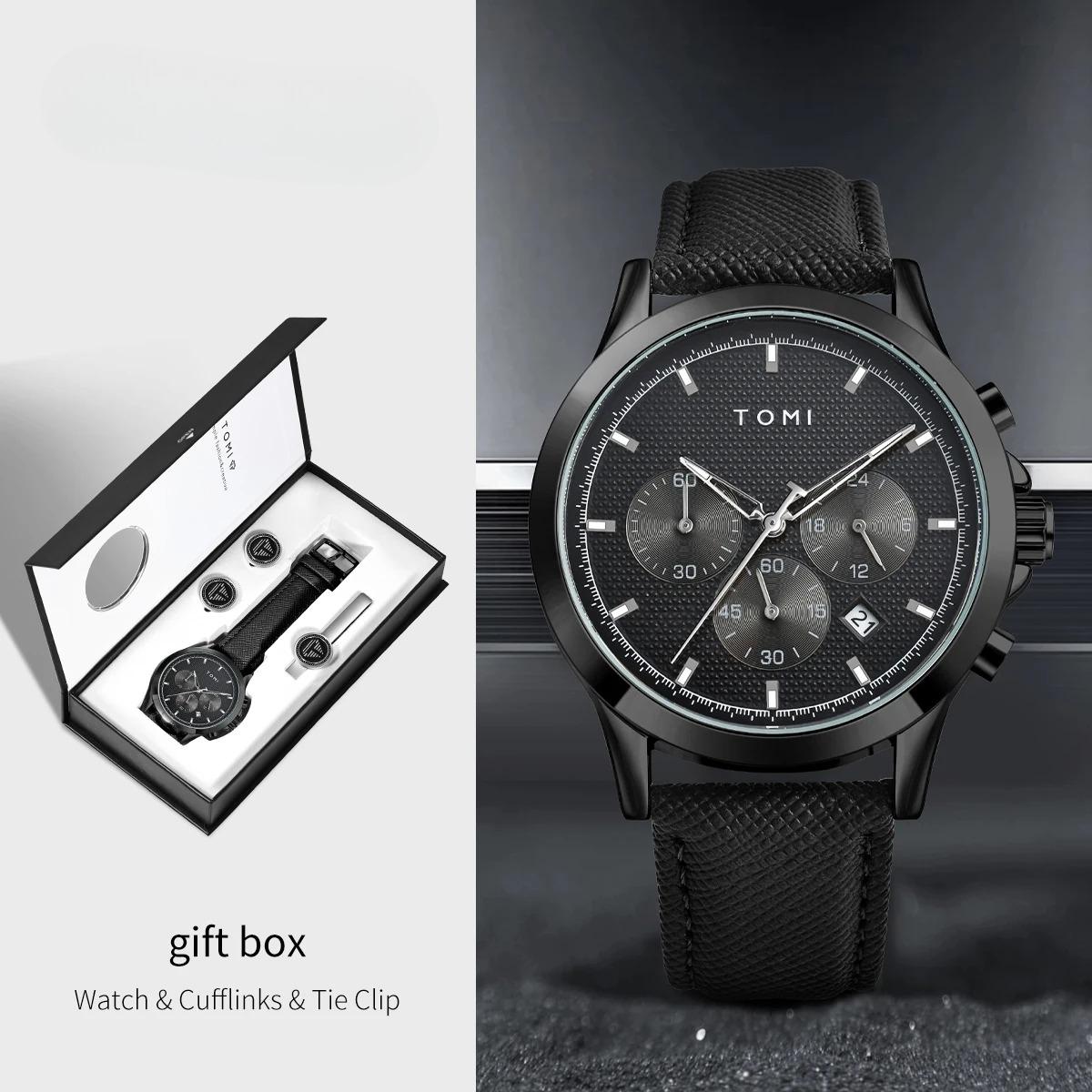 

Luxury Business Four-piece Set Men s Quartz Watch Casual Fashion Men s Cufflinks Tie Clip Watch Gift Box Christmas Gift чорний