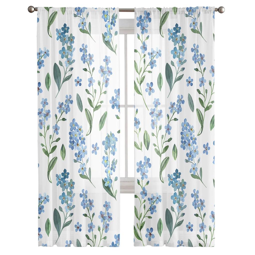 Spring Watercolor Blue Flower Farm Rural Bedroom Transparent Sheer Curtains Holiday Decoration Window Voile Tulle Curtain
