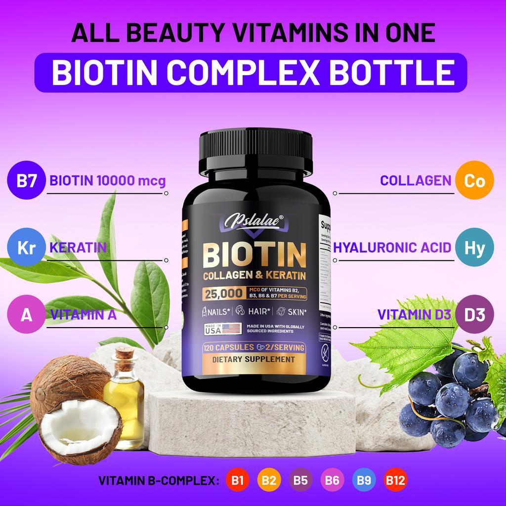 Le capsule di biotina, contenenti acido ialuronico ed estratto di collagene, supportano la salute di capelli, pelle e unghie.