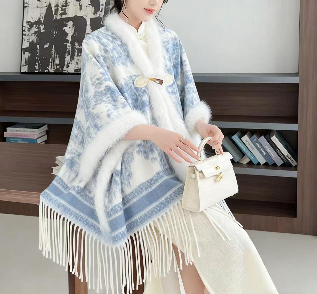 Elegant Women's Floral Ink Wash Shawl - Soft Cashmere Feel, Tassel Detail Cape