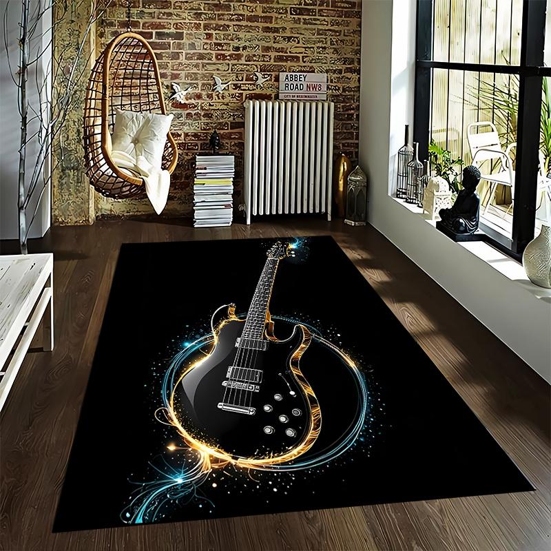 Electric Guitar Pattern Carpet with Black Background and Colorful Glow Suitable for use as an anti-slip for living room bedroom sofas