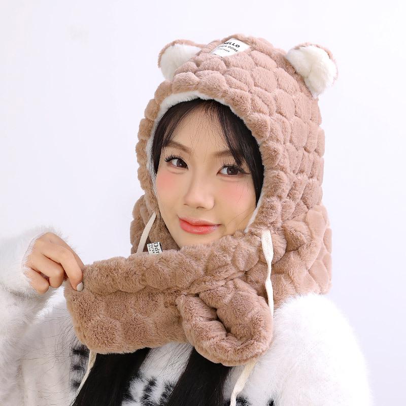 

Мягкая плюшевая шапка с шарфом в виде медведя - женская зимняя теплая защита ушей для велоспорта One Size