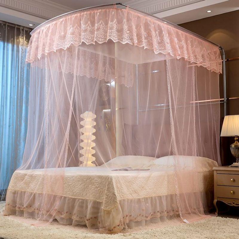 Palace Style Floor-Standing U-Shaped Double Bed Mosquito Net, Retractable with Three Doors, Dense Mesh, Sturdy Stainless Steel Support.