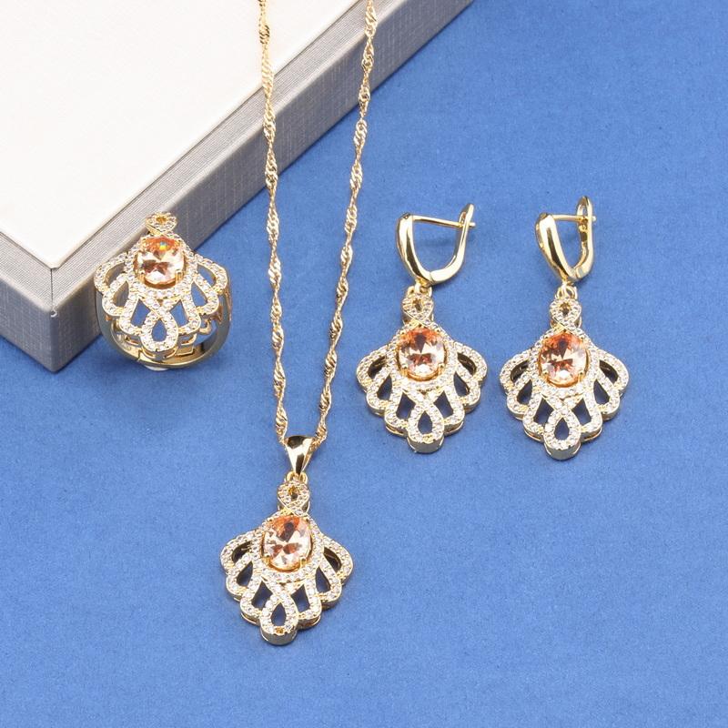 Unique  Gold Plated Wedding Accessories Big Jewelry Sets Colorful Zircon Bridal Necklace And Earrings Ring For Women Gift
