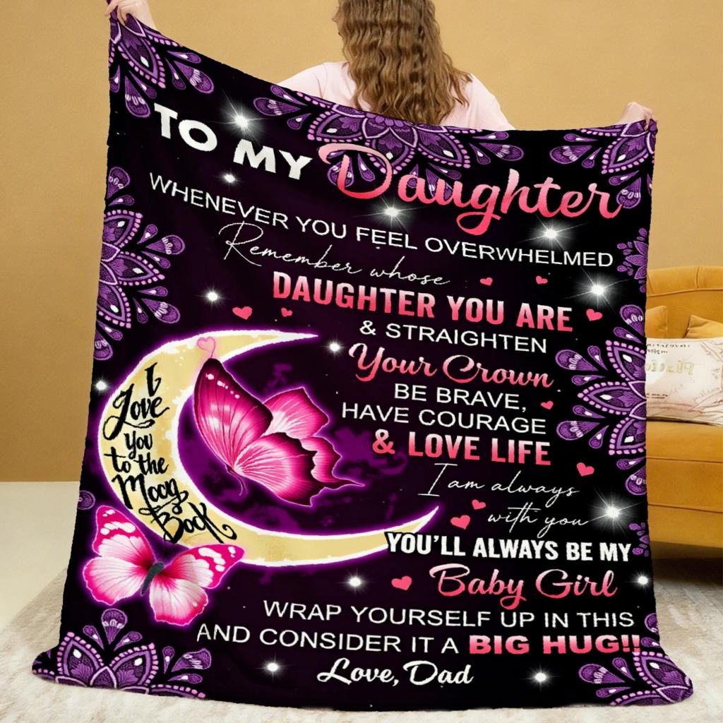 Purple Floral Moon Butterfly Love Flannel Blanket, Soft Bedspread for Boys Girls Couch Bed Car Office, Cozy Gift