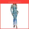 Polyester Fish Scale Print Long Sleeve Dress With Bodycon Fit For Casual Summer Wear