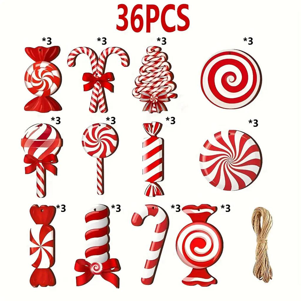 36pcs/Set Red And White Christmas Candy Cane Decoration Set, Wooden Hanging Peppermint Candy Cane Ball Pendants for Decoration