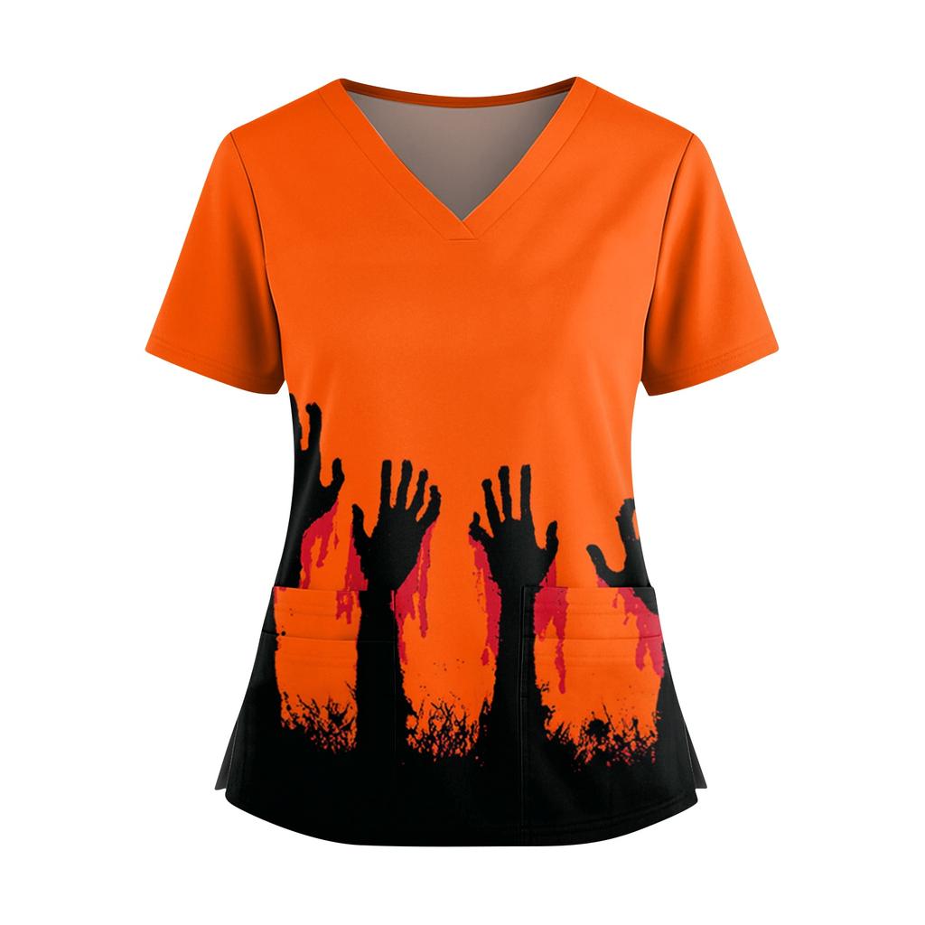 Women’s V Neck Short Sleeve Work Top with Side Slits Pockets and Halloween Print Suitable for Office and Casual Wear
