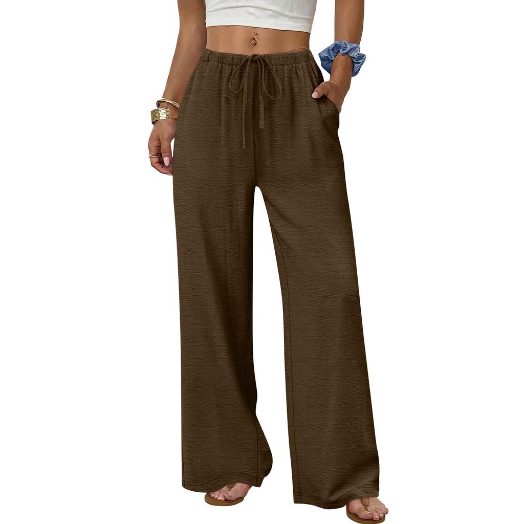 Women's Fashion Wide-Leg Trousers With Drawstring Elastic Waistband And Pockets Relaxed-Fit Casual Trousers
