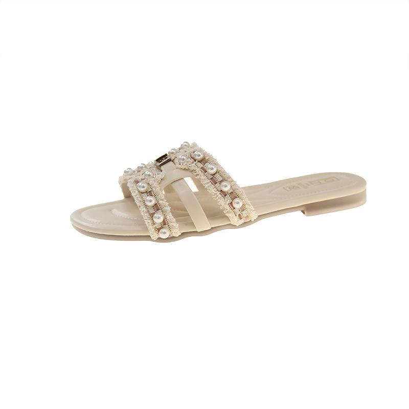 22 summer new Xiaoxiangfeng flat-bottomed slippers wear soft-bottomed fairy pearl beach sandals